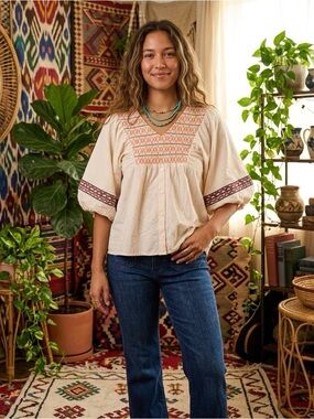 Haptics Embroidered Smocked Blouse Large Cream Orange V-Neck Button Front L
